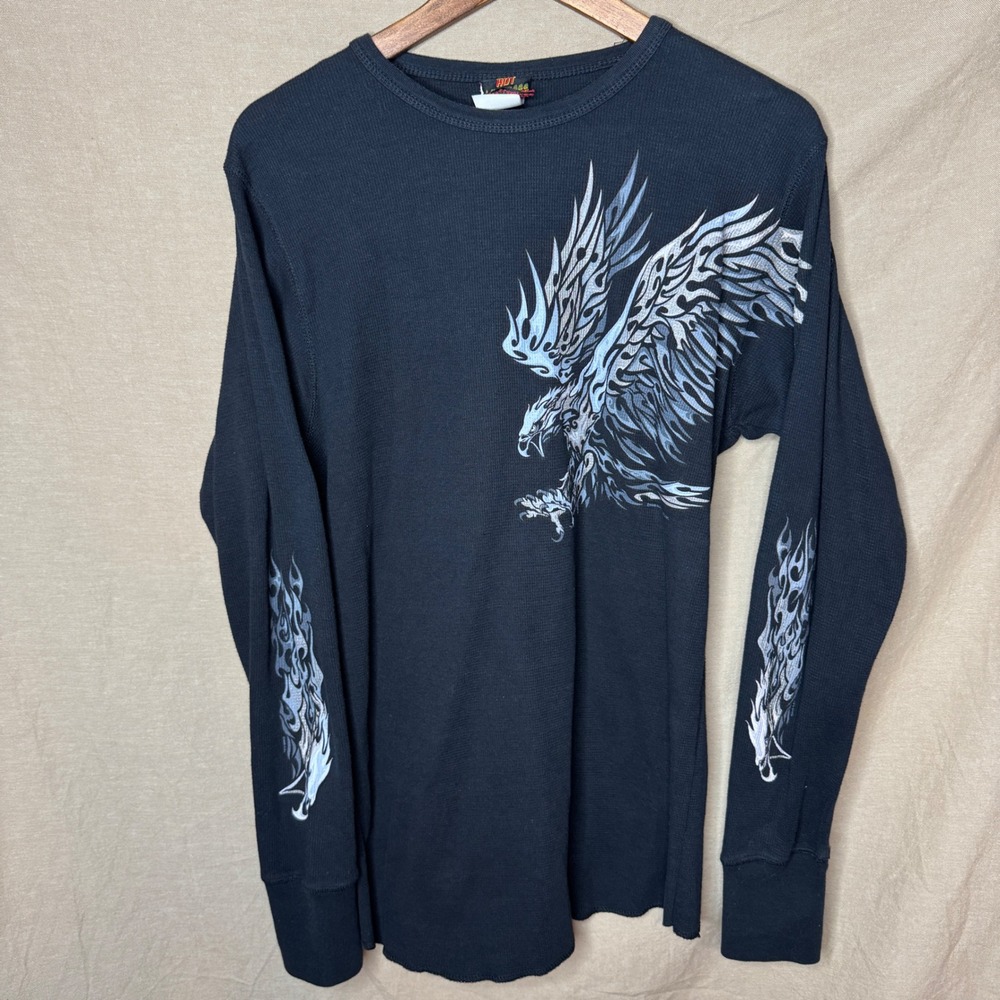 Hot Leathers Mens XL Black Eagle Flame Henley Long Sleeve Biker Shirt Grunge WI